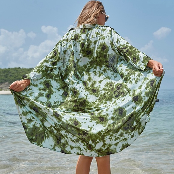 Green Coverup Long Sleeve collared shirt Swimsuit ButtonDown - Picture 3 of 12